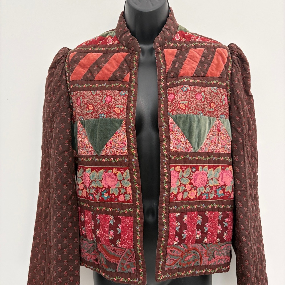 VTG Quilted Jacket Patchwork Velvet Floral Small Brown Red Whimsigoth Boho